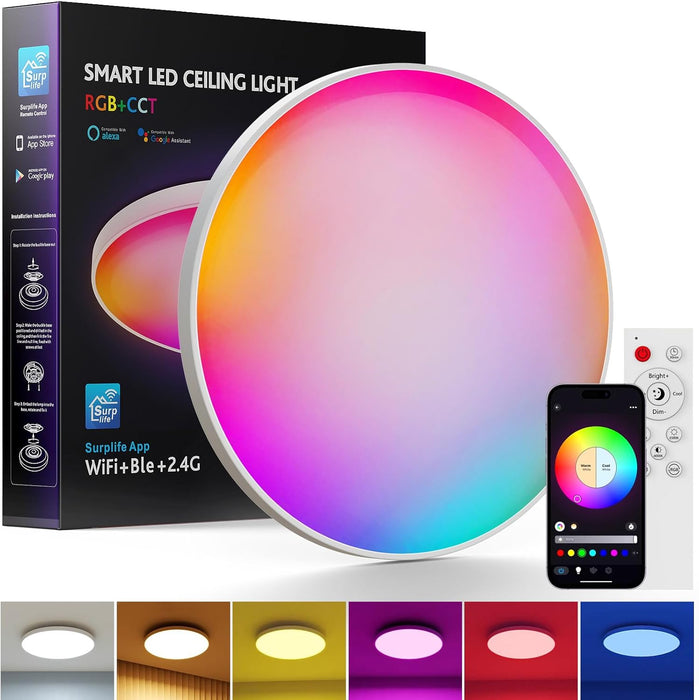 12-in 30W Smart RGB+CCT Ceiling Lights WiFi & Bluetooth Works with Alexa and Google Assistant AC85~240V