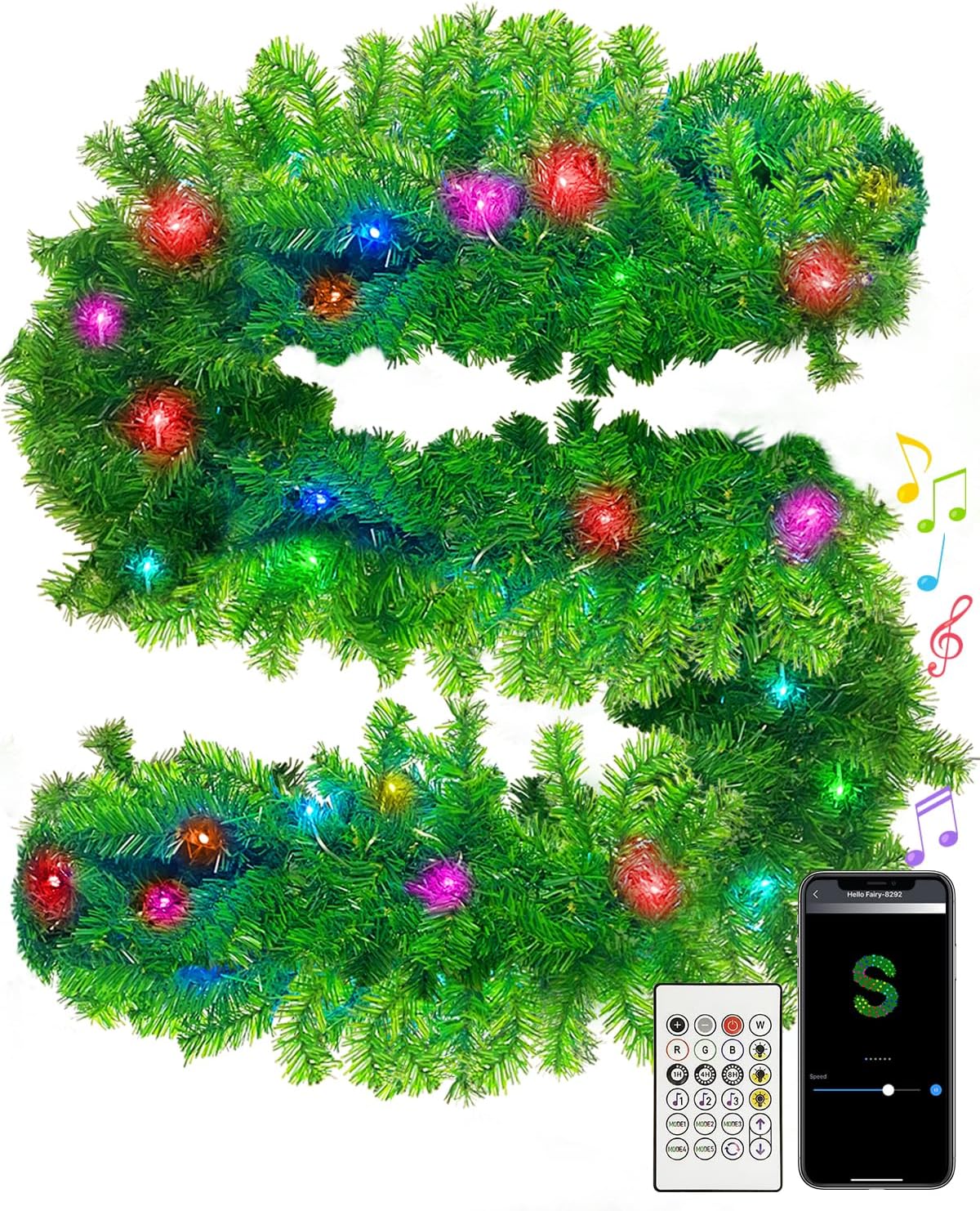 Christmas Garland With Changing LED Lights, Remote, Timer, Dimmer 
