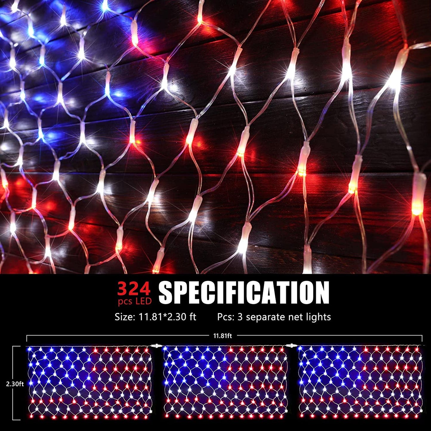 3-in-1 Upgrade 324 LED USA Flag Net Lights