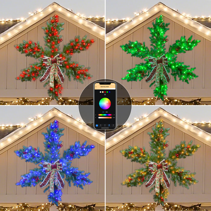 4ft/48in Pre-lit Artificial Christmas Hanging Snowflake Star Wreath with Programmable RGB Fairy Lights