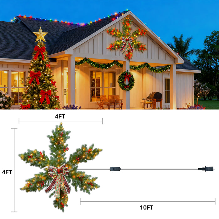 4ft/48in Pre-lit Artificial Christmas Hanging Snowflake Star Wreath with Programmable RGB Fairy Lights