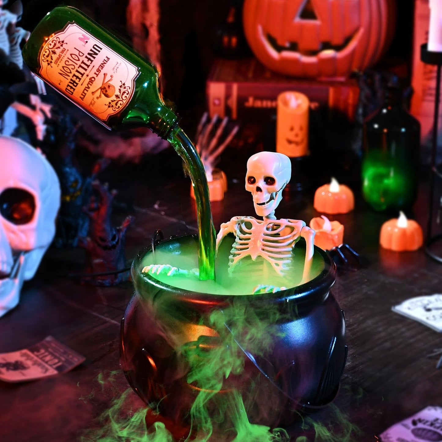 Cauldron Halloween Decor with Magic Floating Potion Bottles and Diffuser