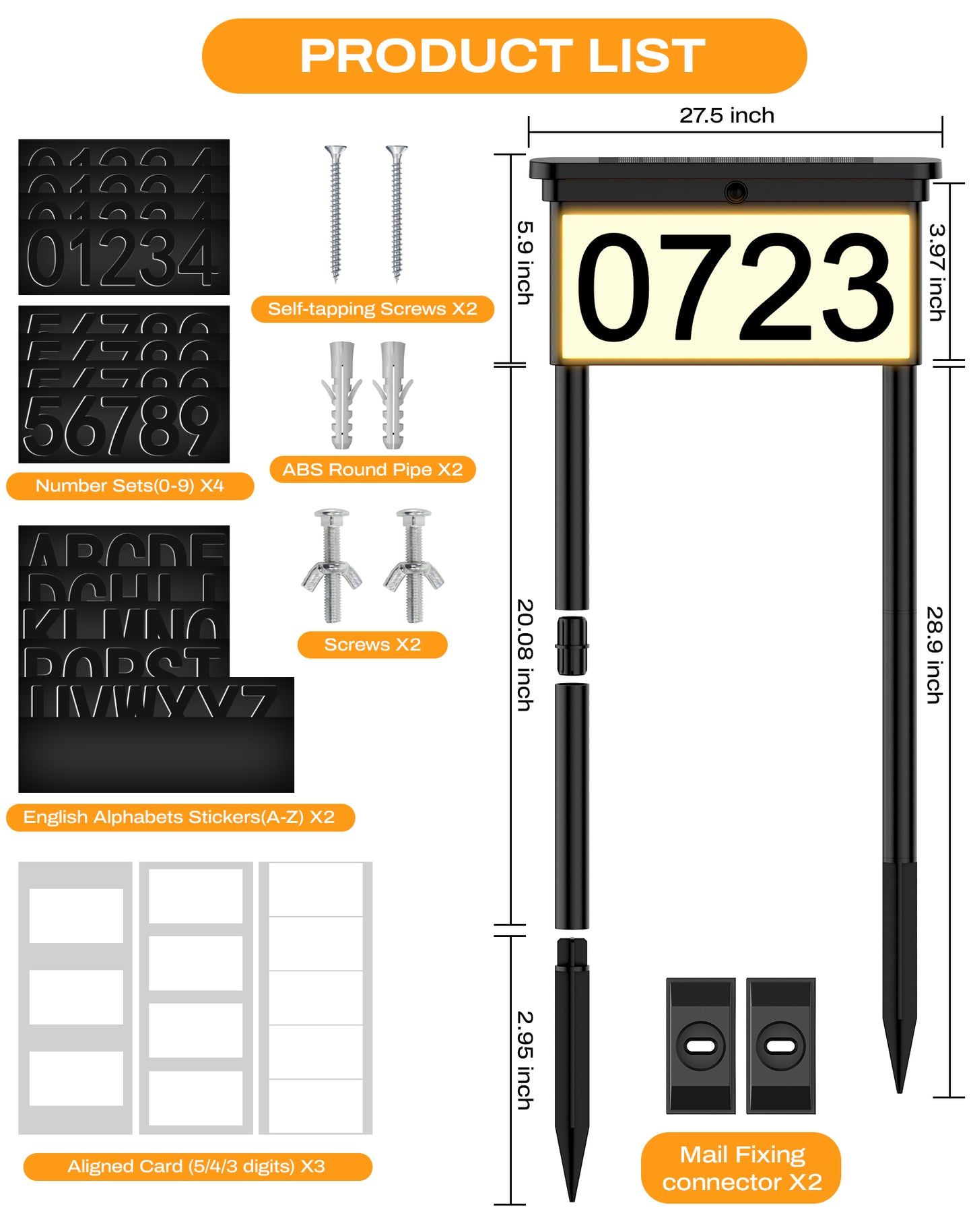 Dual Sides Solar Sign for House Address or Mailbox Number RGB LED Lights