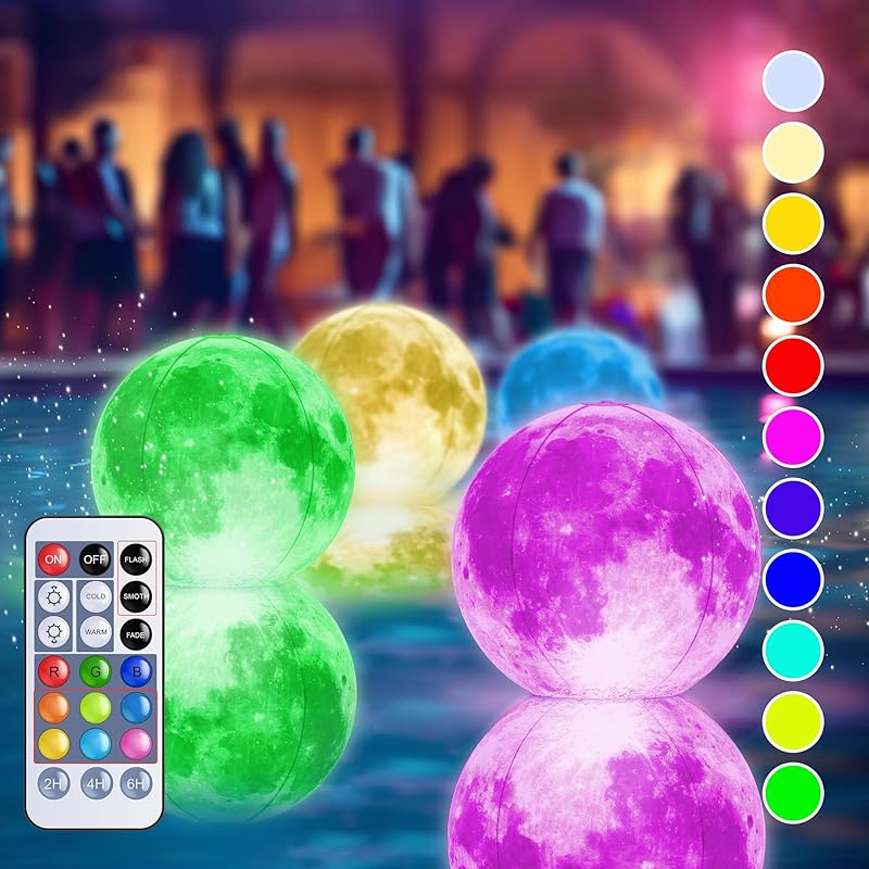 14" Full Moon Floating Inflatable Pool Lights Solar Powered 2-PACK