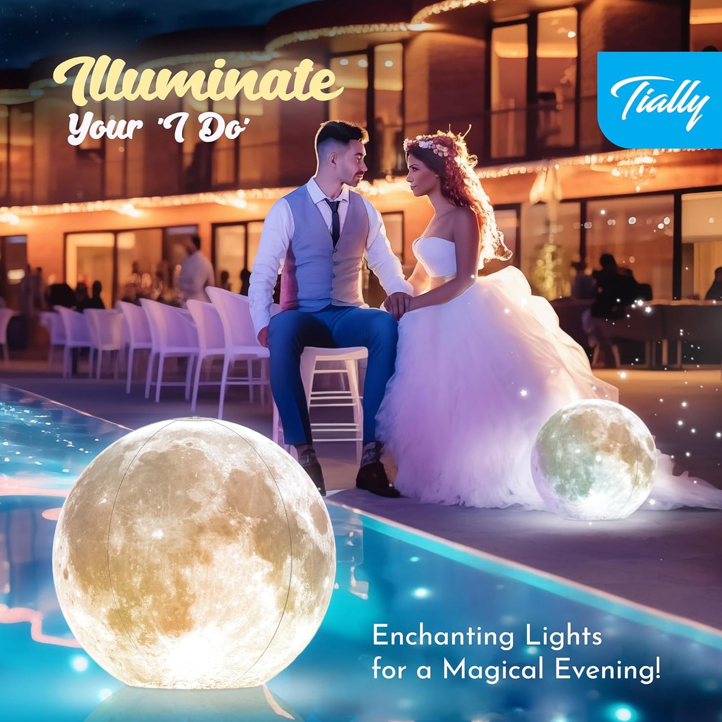 14" Full Moon Floating Inflatable Pool Lights Solar Powered 2-PACK