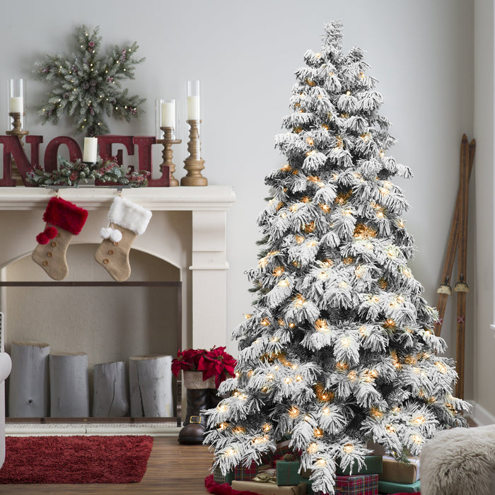 5/6/7/8-ft Prelit Flocked Premium Artificial Christmas Tree with Warm White Lights
