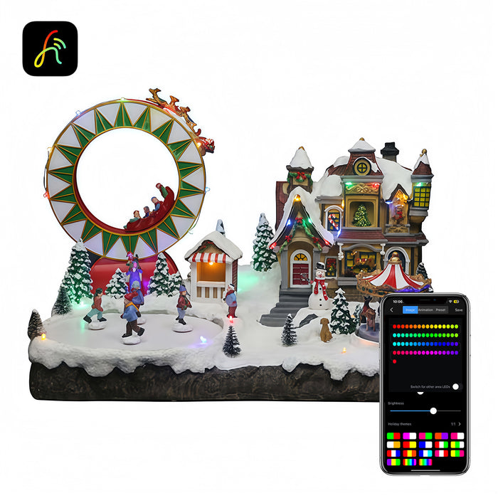 Christmas resin craft ornaments LED playground with double-decker roller coaster, carousel, 4-person skating function