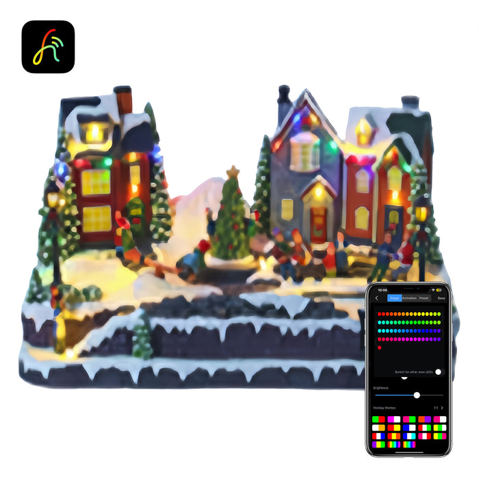Christmas resin craft ornaments Christmas village scene with LED lights, kids moving tug-of-war, kids playing seesaw, kids christmas tree spinning function