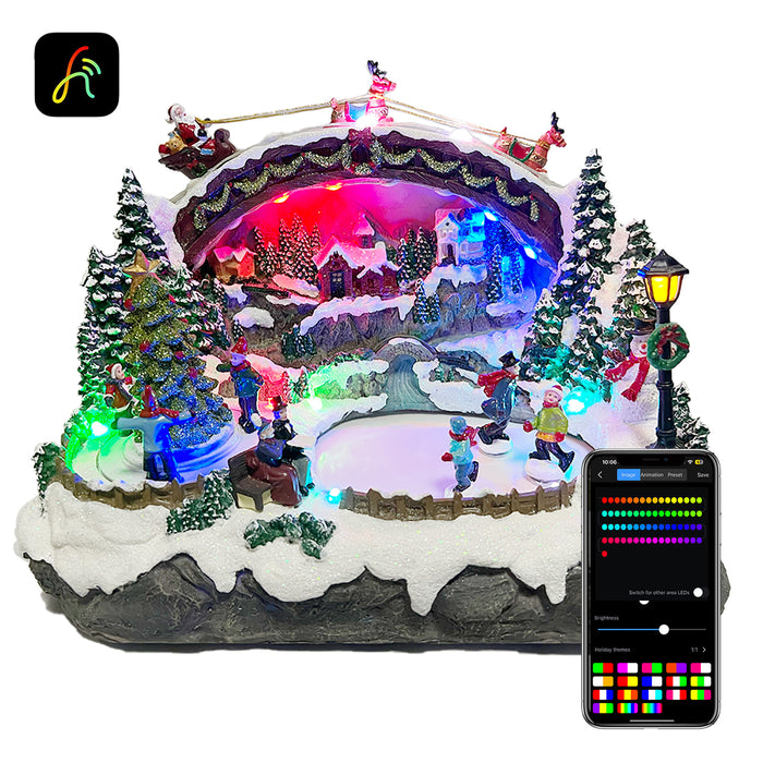 Christmas Resin Craft Ornaments LED Village with Kids Turning Tree Spinning and Ice Skating Feature