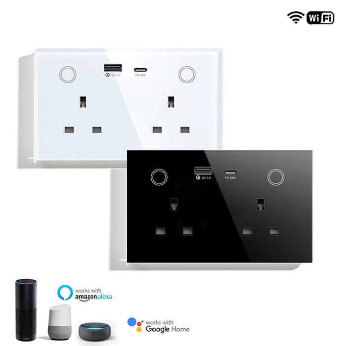 Electrical Double Switched Power Wall Plug Socket with Super Fast Charge Type A & C USB Charging Ports for UK