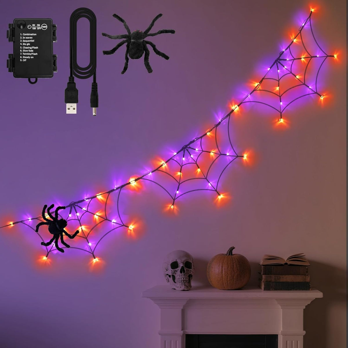 Halloween Decorations Spider Web Lights 6FT 60LED Battery Operated/USB ...