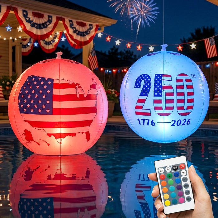 America 250th Anniversary 16 inch Inflatable Patriotic Glow Globe Solar RGBW Lights 4th of July Decor 2-Pack