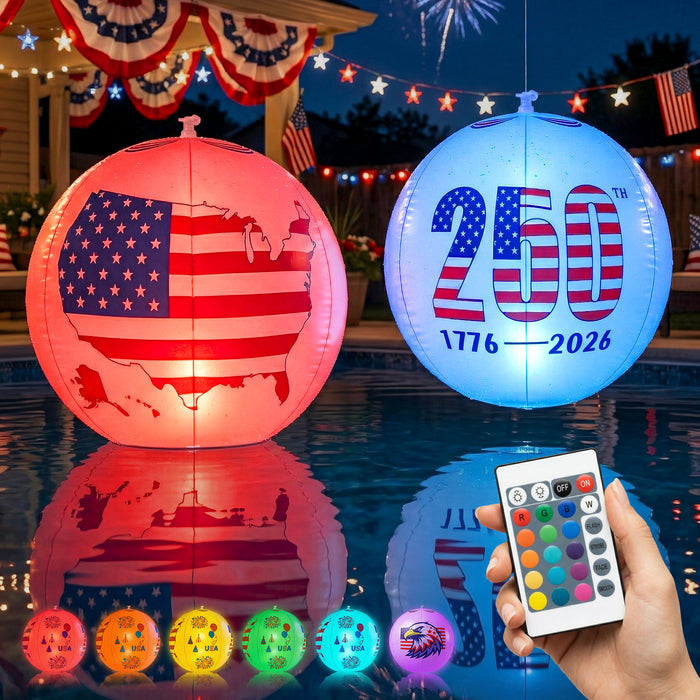 America 250th Anniversary 16 inch Inflatable Patriotic Glow Globe Solar RGBW Lights 4th of July Decor 2-Pack