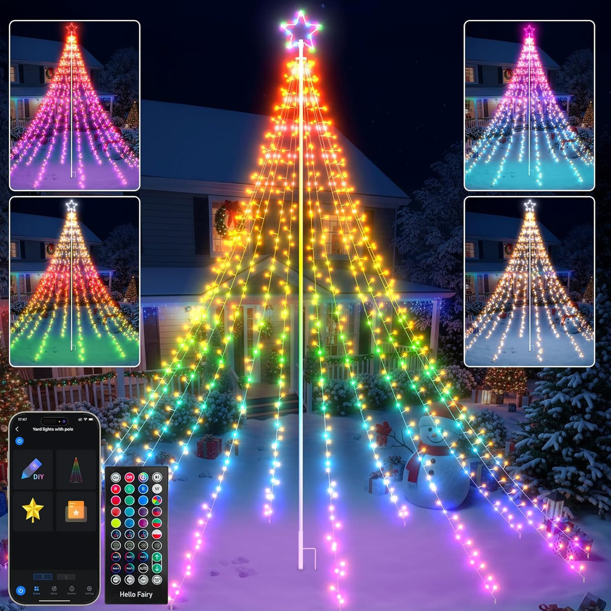 12-ft Flagpole Christmas Tree Pre-lit Programmable RGB Fairy Lights De ...