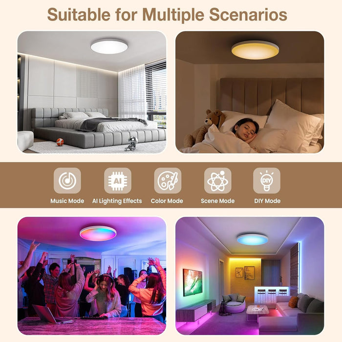 12-in 30W Smart RGB+CCT Ceiling Lights WiFi & Bluetooth Works with Alexa and Google Assistant AC85~240V