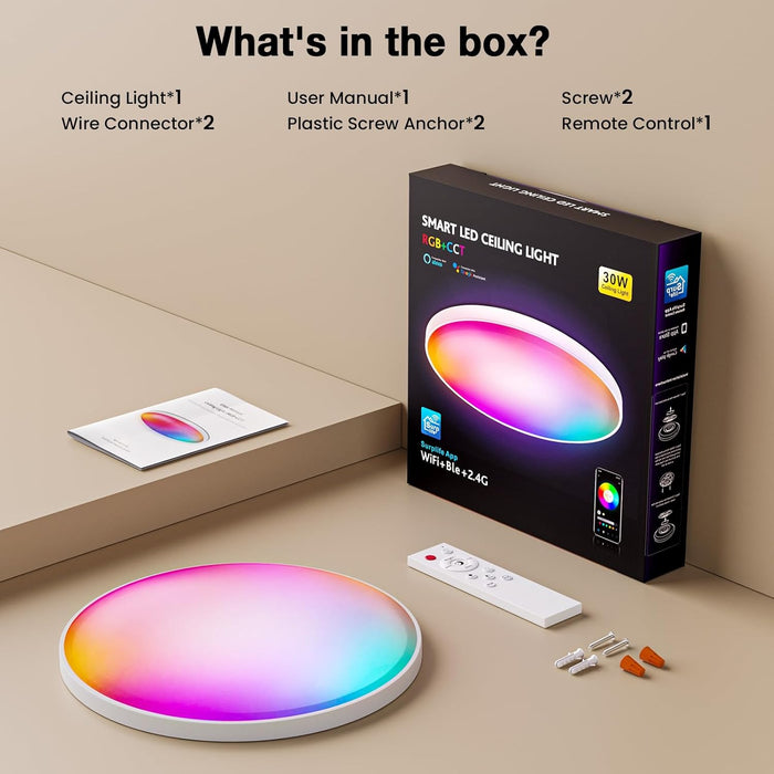 12-in 30W Smart RGB+CCT Ceiling Lights WiFi & Bluetooth Works with Alexa and Google Assistant AC85~240V