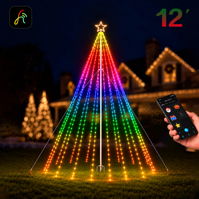 12FT 488LEDs Outdoor Smart Christmas Tree Waterfall Lights with Pole DIY Color Changing App-controlled
