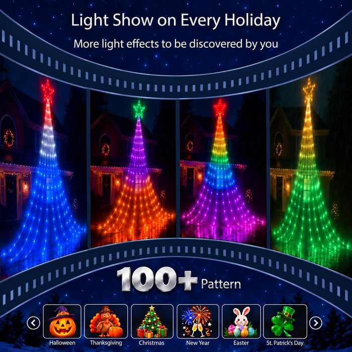 2026 New Smart Waterfall Christmas Light with Topper Star Programmable RGB Multi-color Changing App Controlled