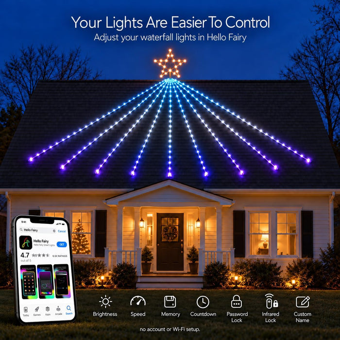 2026 New Smart Waterfall Christmas Light with Topper Star Programmable RGB Multi-color Changing App Controlled