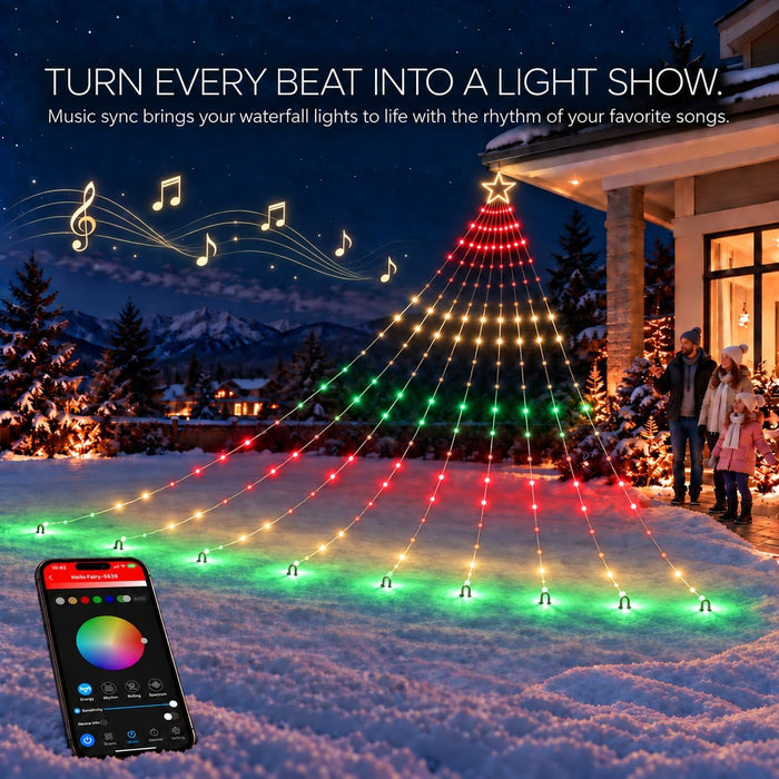 2026 New Smart Waterfall Christmas Light with Topper Star Programmable RGB Multi-color Changing App Controlled