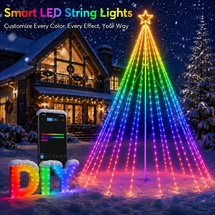 14FT 542LEDs Outdoor Smart Christmas Tree Waterfall Lights with Pole DIY Color Changing App-controlled