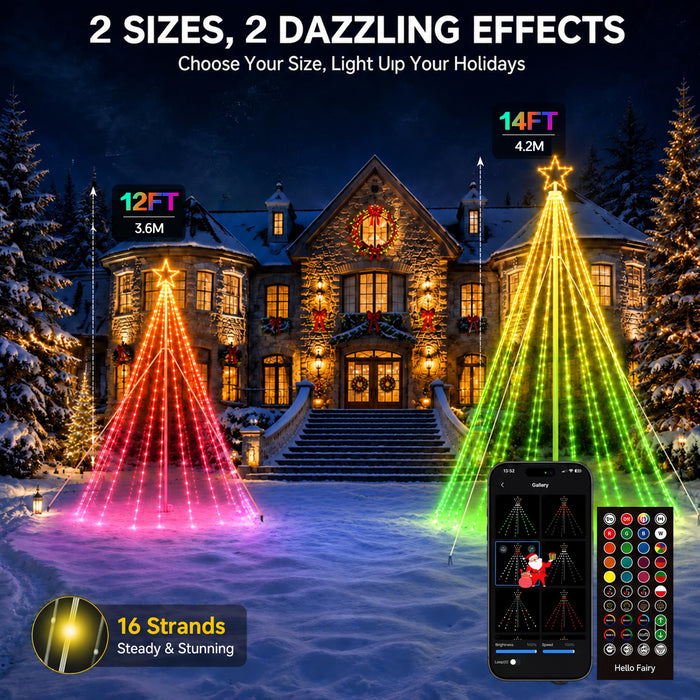 14FT 542LEDs Outdoor Smart Christmas Tree Waterfall Lights with Pole DIY Color Changing App-controlled