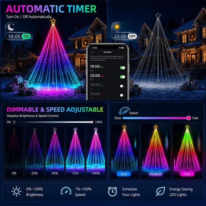 14FT 542LEDs Outdoor Smart Christmas Tree Waterfall Lights with Pole DIY Color Changing App-controlled