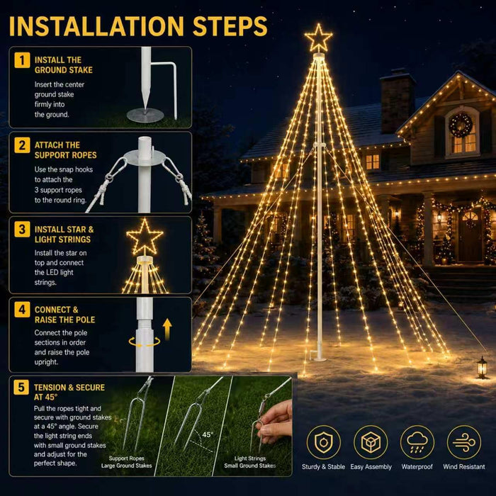 14FT 542LEDs Outdoor Smart Christmas Tree Waterfall Lights with Pole DIY Color Changing App-controlled