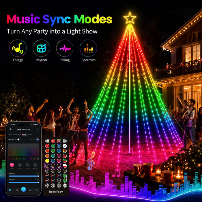 14FT 542LEDs Outdoor Smart Christmas Tree Waterfall Lights with Pole DIY Color Changing App-controlled
