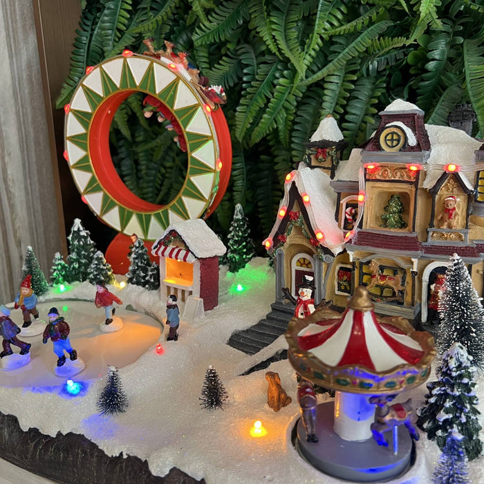 Christmas resin craft ornaments LED playground with double-decker roller coaster, carousel, 4-person skating function