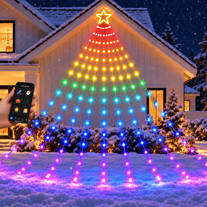 2026 New Smart Waterfall Christmas Light with Topper Star Programmable RGB Multi-color Changing App Controlled