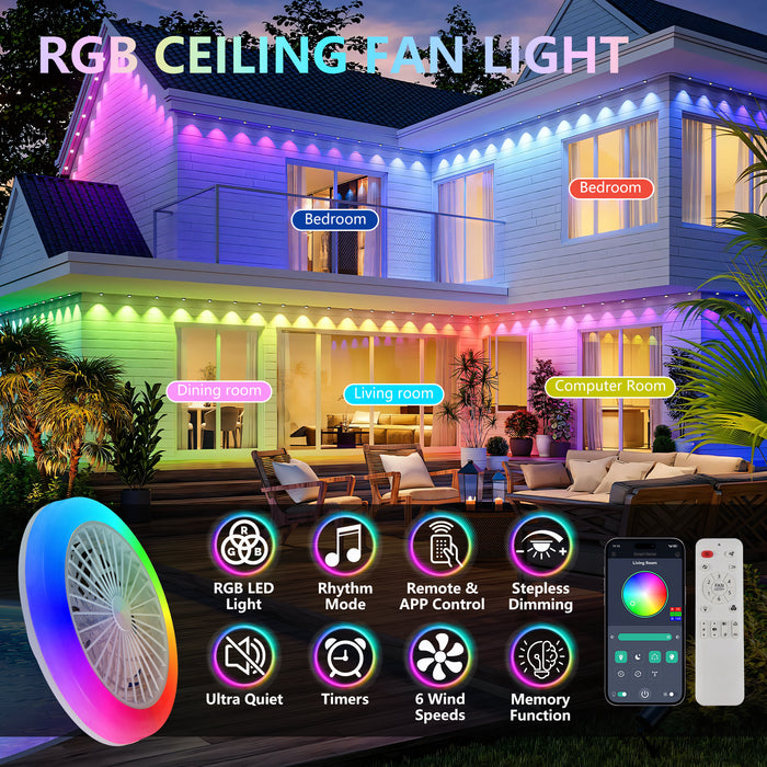 18" RGB Ceiling Fan with LED Light, 6-Speed Reversible, App/Remote Control, Dimmable 3000K-6000K, Low Noise, for Living Room/Bedroom/Party
