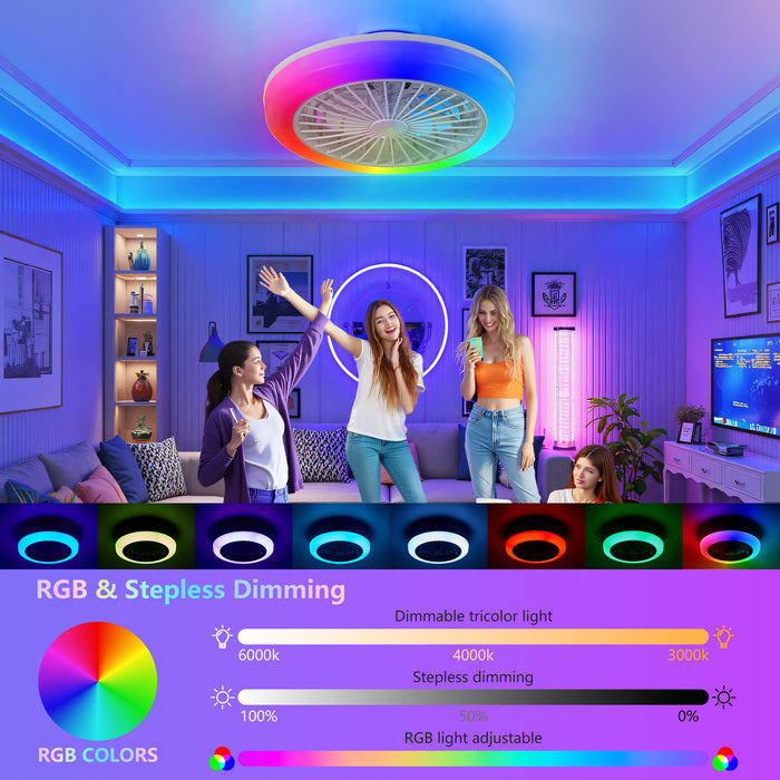 18" RGB Ceiling Fan with LED Light, 6-Speed Reversible, App/Remote Control, Dimmable 3000K-6000K, Low Noise, for Living Room/Bedroom/Party