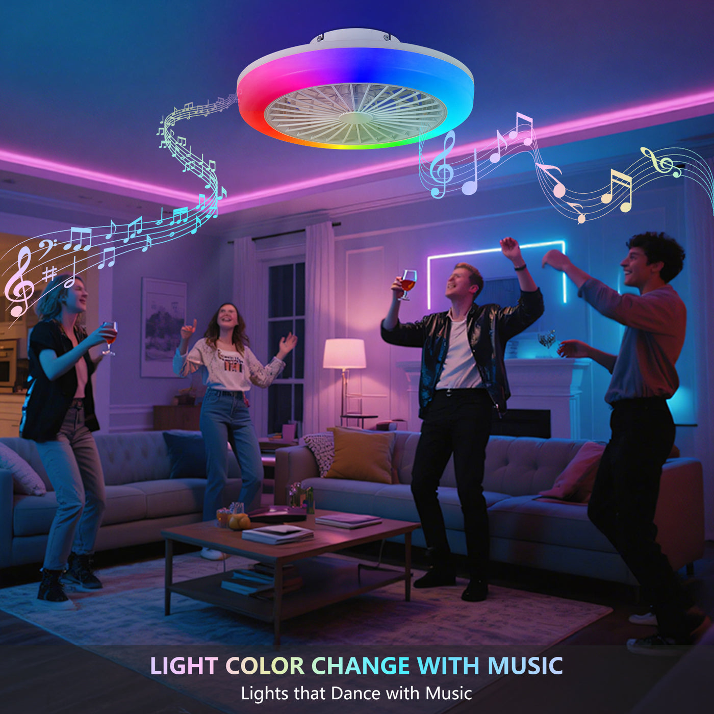 18" RGB Ceiling Fan with LED Light, 6-Speed Reversible, App/Remote Con ...