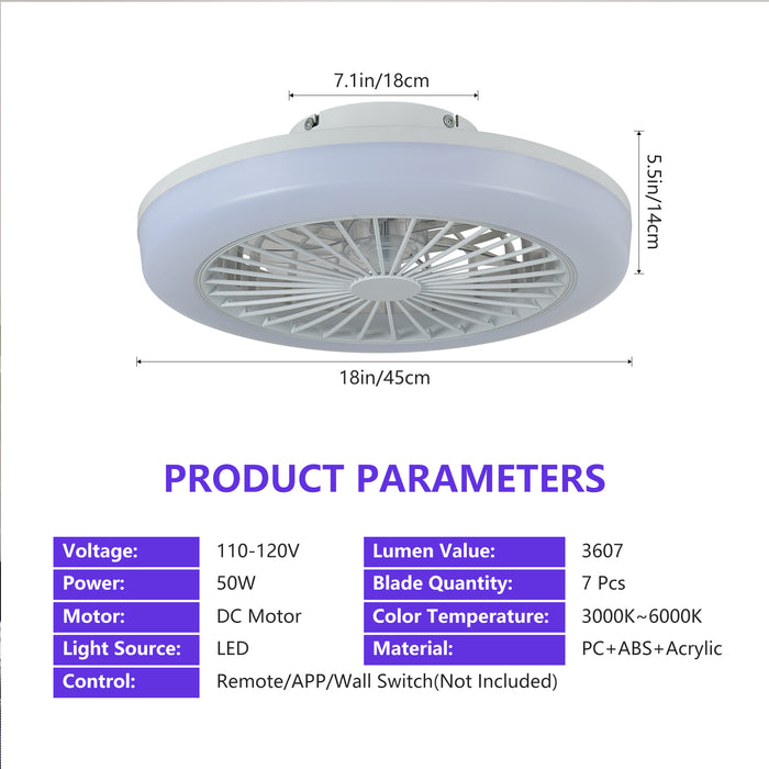 18" RGB Ceiling Fan with LED Light, 6-Speed Reversible, App/Remote Control, Dimmable 3000K-6000K, Low Noise, for Living Room/Bedroom/Party
