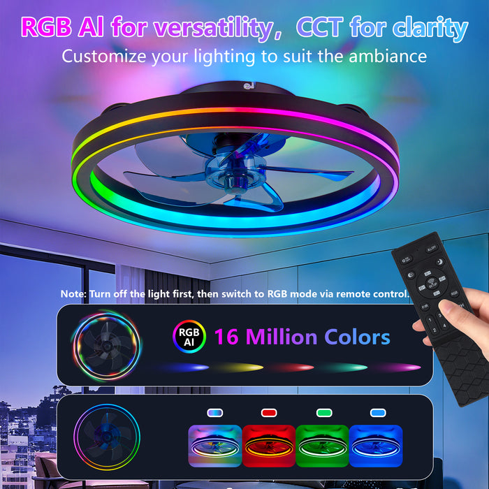 19" Smart Round Ceiling Fan with RGB Lights Remote and App-Controlled