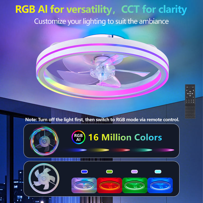 19" Smart Round Ceiling Fan with RGB Lights Remote and App-Controlled