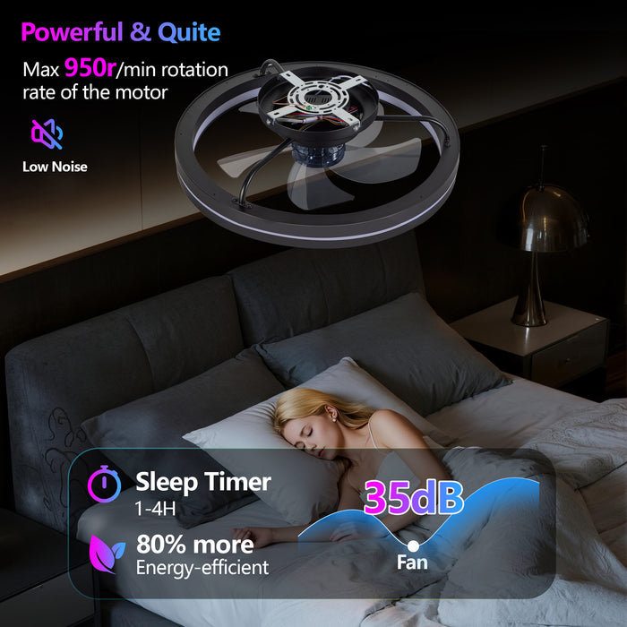 19" Smart Round Ceiling Fan with RGB Lights Remote and App-Controlled
