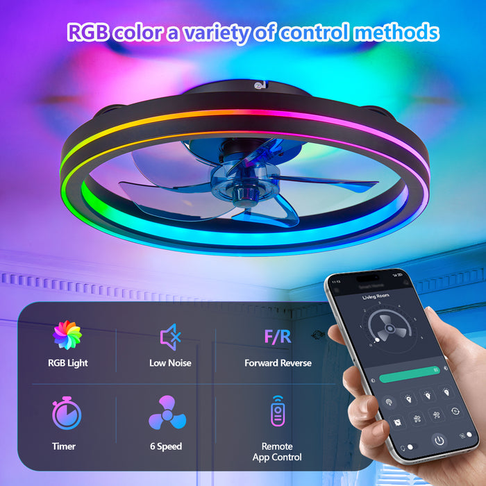 19" Smart Round Ceiling Fan with RGB Lights Remote and App-Controlled