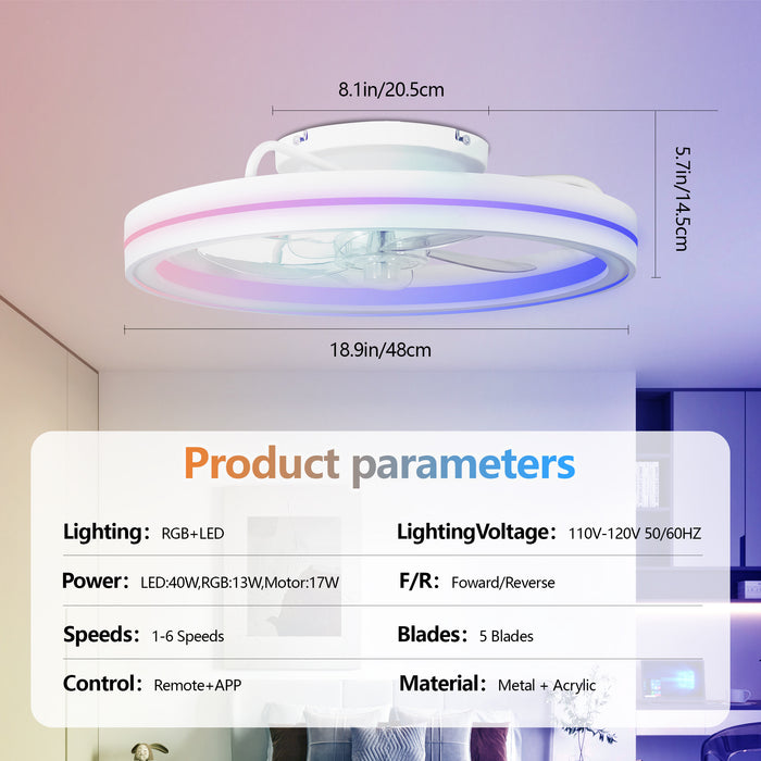 19" Smart Round Ceiling Fan with RGB Lights Remote and App-Controlled