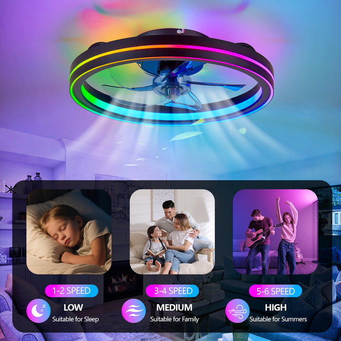 19" Smart Round Ceiling Fan with RGB Lights Remote and App-Controlled