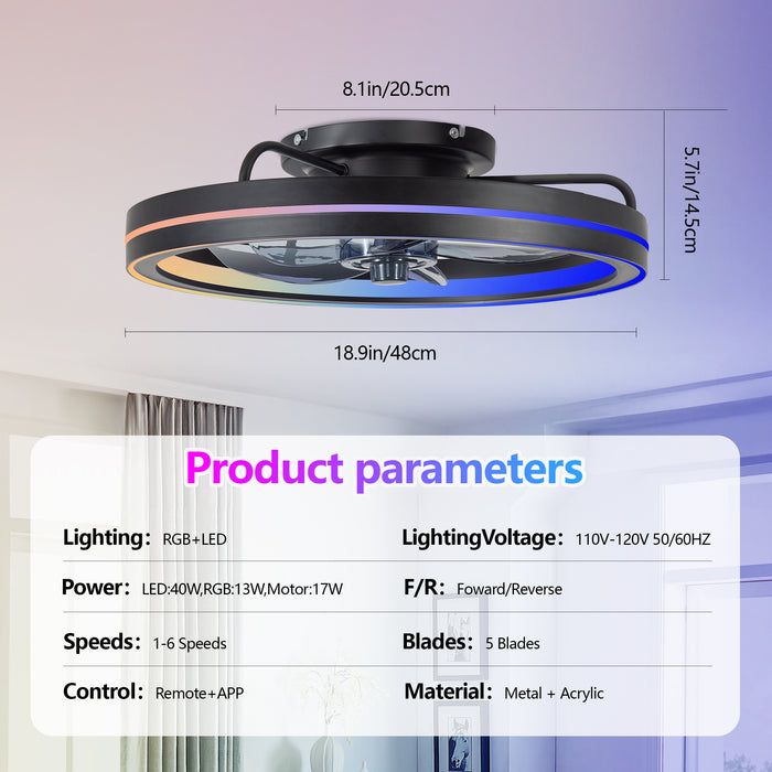 19" Smart Round Ceiling Fan with RGB Lights Remote and App-Controlled