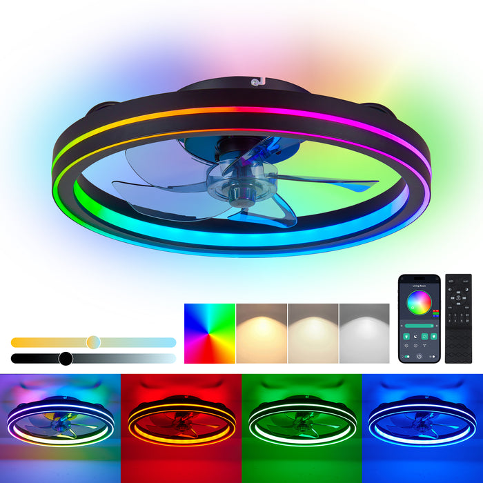 19" Smart Round Ceiling Fan with RGB Lights Remote and App-Controlled