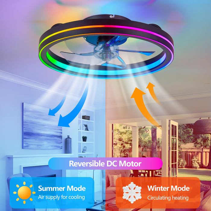 19" Smart Round Ceiling Fan with RGB Lights Remote and App-Controlled