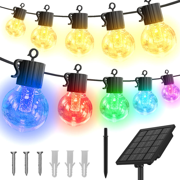 Outdoor G40 Solar String Lights Patio Lights with RGB Warm White 50ft 30Bulbs 8 Light Modes