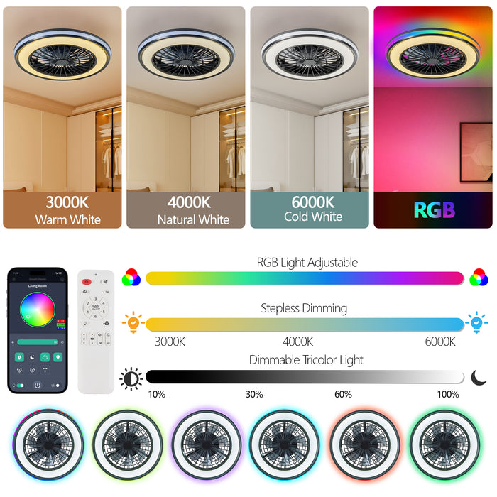 20" RGB Ceiling Fan with LED Light – 6 Speed Adjustable, 3000K-6000K Dimmable, App & Remote Control