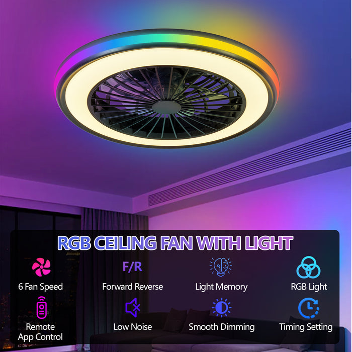 20" RGB Ceiling Fan with LED Light – 6 Speed Adjustable, 3000K-6000K Dimmable, App & Remote Control