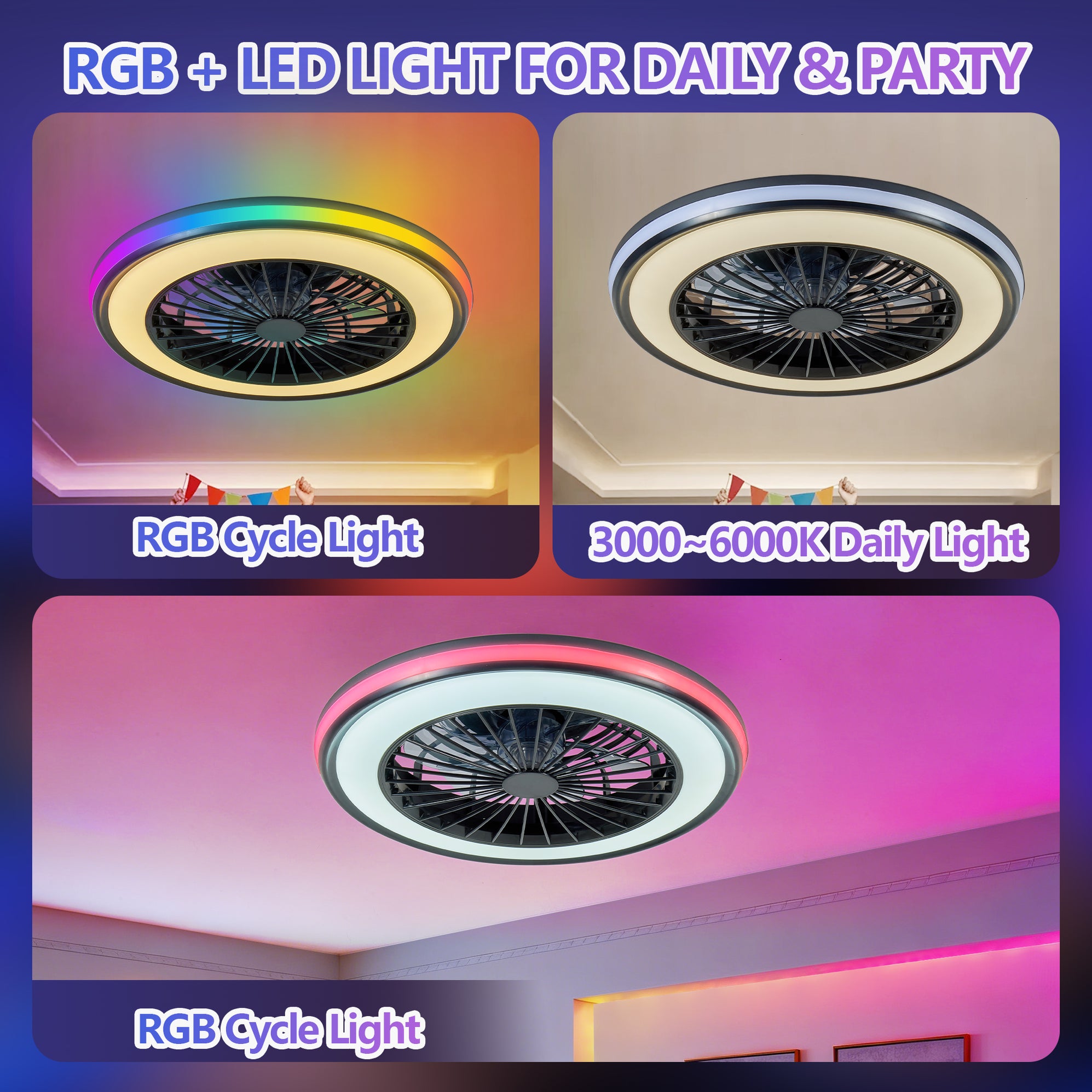 20" RGB Ceiling Fan with LED Light – 6 Speed Adjustable, 3000K-6000K D ...