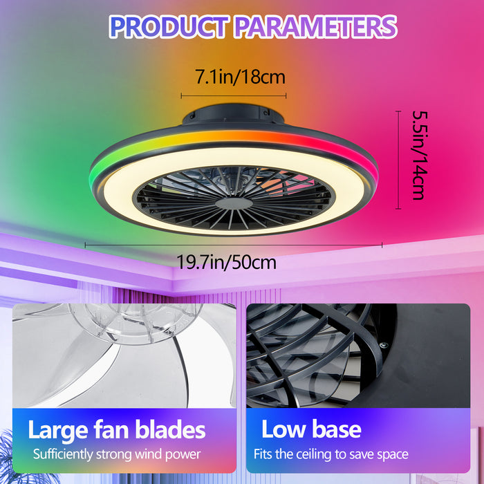 20" RGB Ceiling Fan with LED Light – 6 Speed Adjustable, 3000K-6000K Dimmable, App & Remote Control