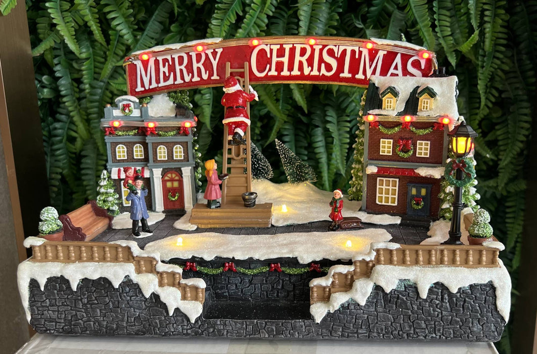 Christmas resin craft ornaments Christmas village square with LED lights Santa Claus up and down stairs function